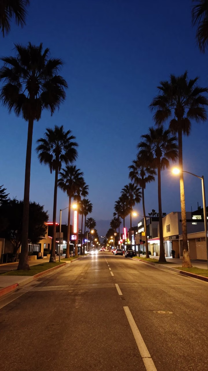 Los Angeles Blue Hour Palm Tree Boulevard Street Scene with Neon Lights in in Los Angeles, California, United States