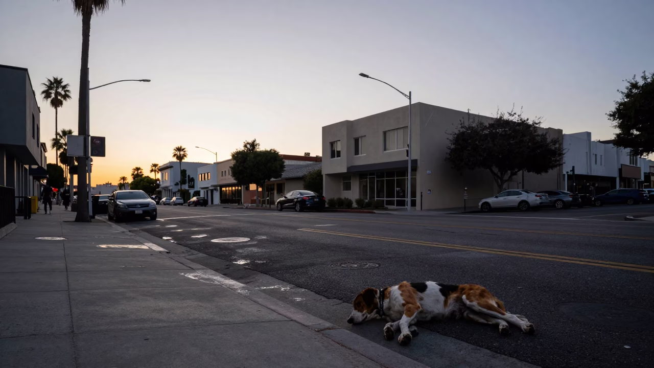 Los Angeles Blue Hour Street Scene with American English Coonhound and Fallen Petals in in Los Angeles, California, United States