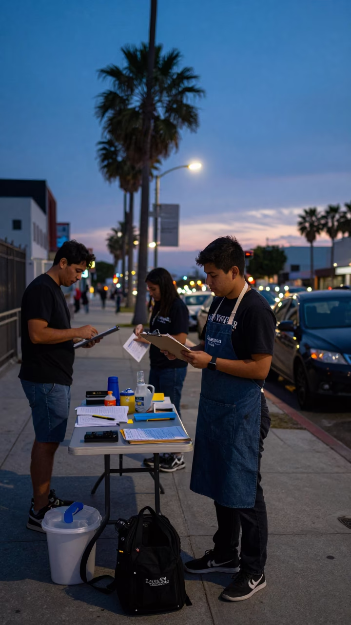 Los Angeles Blue Hour Street Scene with Clipboard and Urban Activity in in Los Angeles, California, United States