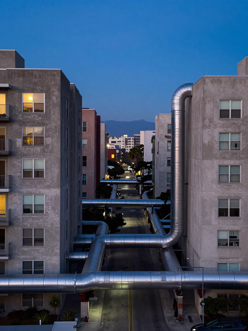 Los Angeles Blue Hour Street Scene with District Heating Pipes and Urban Infrastructure in in Los Angeles, California, United States