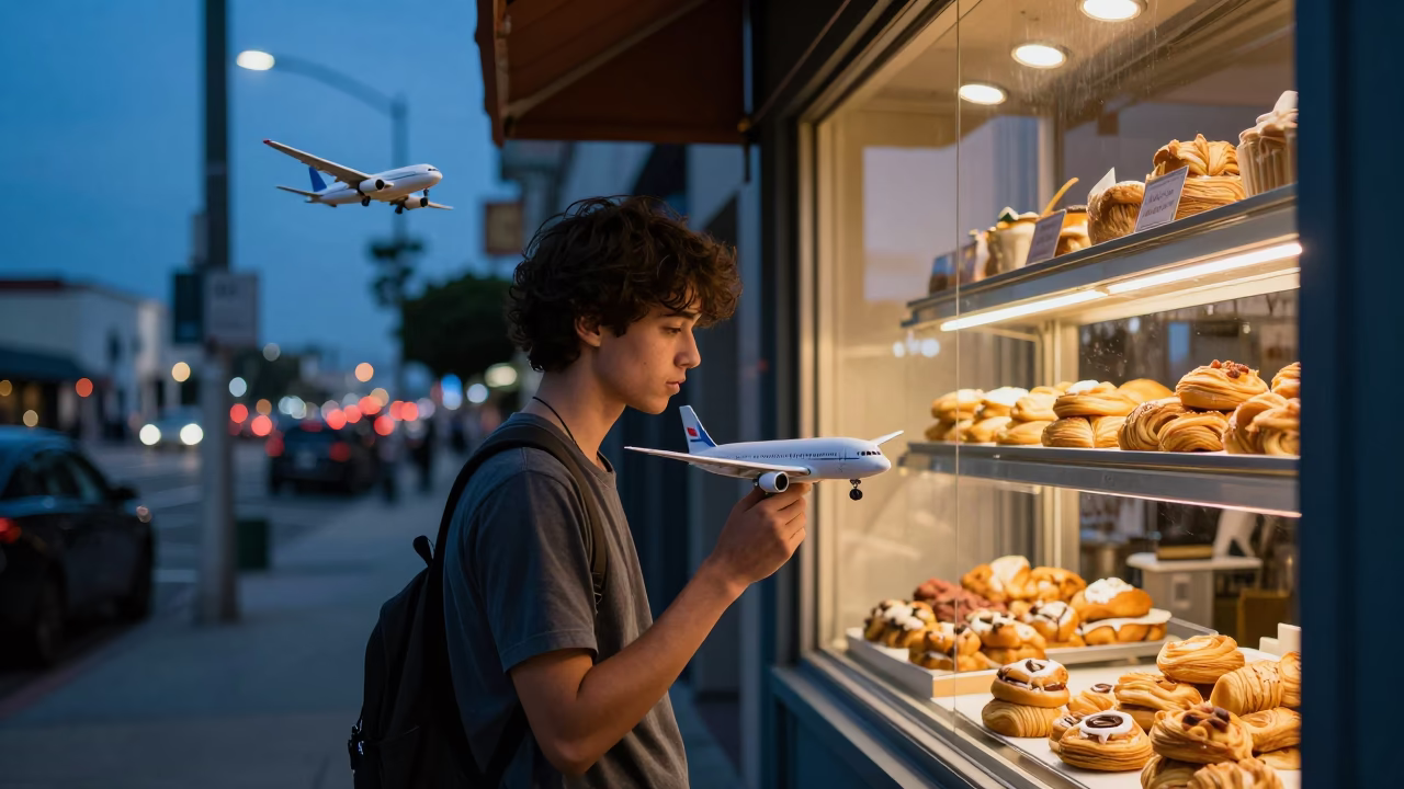 Los Angeles Blue Hour Street Scene with Model Airplane and Pastries in in Los Angeles, California, United States