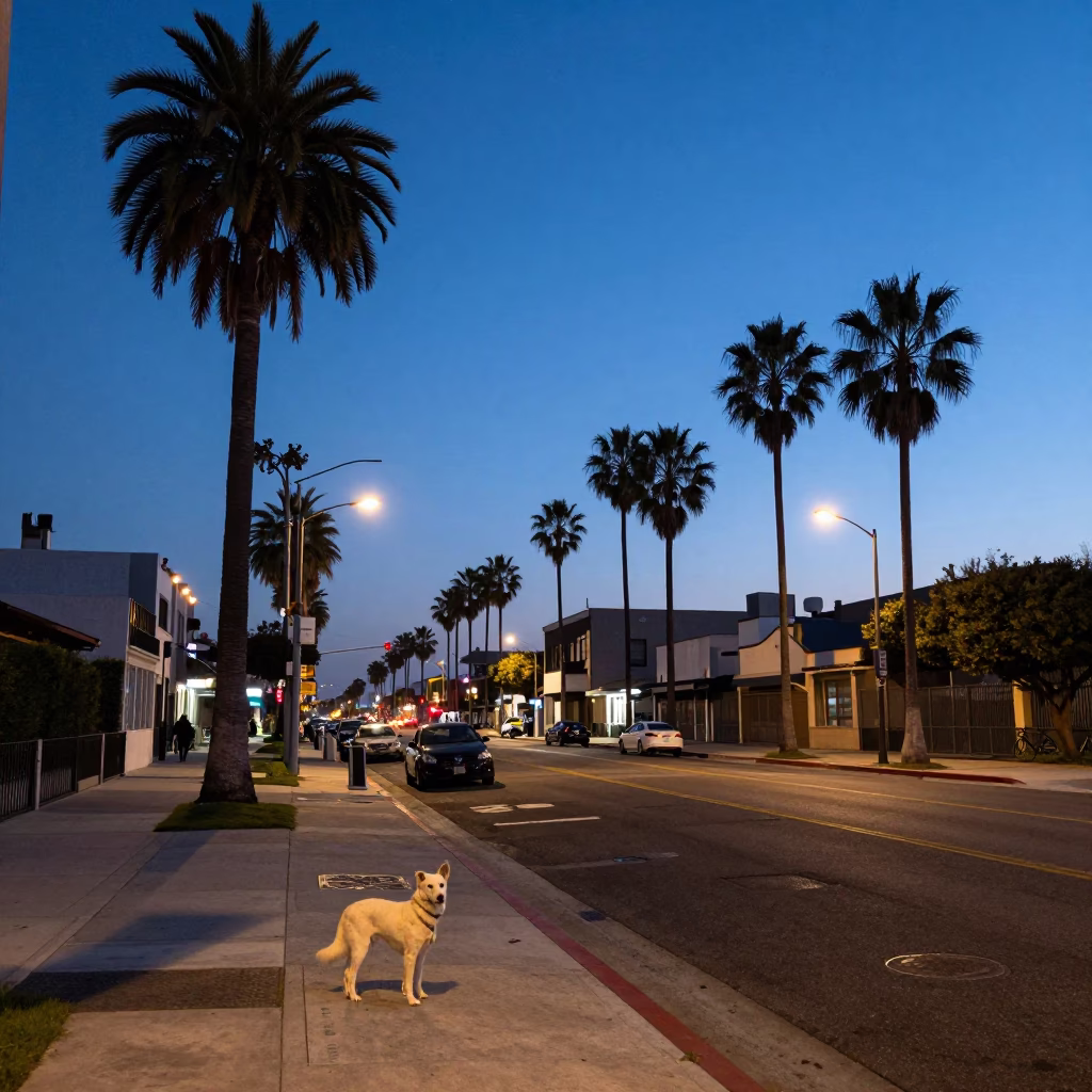 Los Angeles Blue Hour Street Scene with White Dog and Urban Details in in Los Angeles, California, United States
