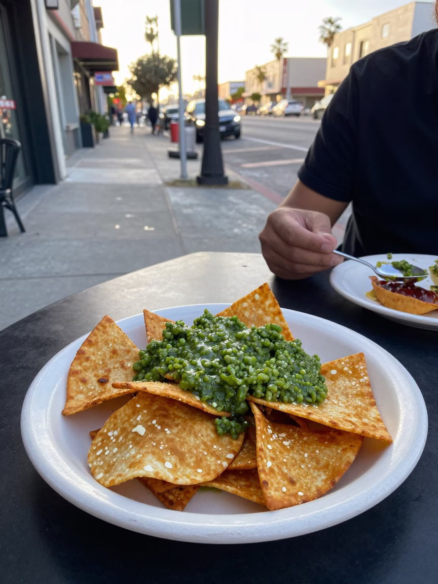 Los Angeles Breakfast Scene with Chilaquiles and Salsa Verde at First Light in in Los Angeles, California, United States