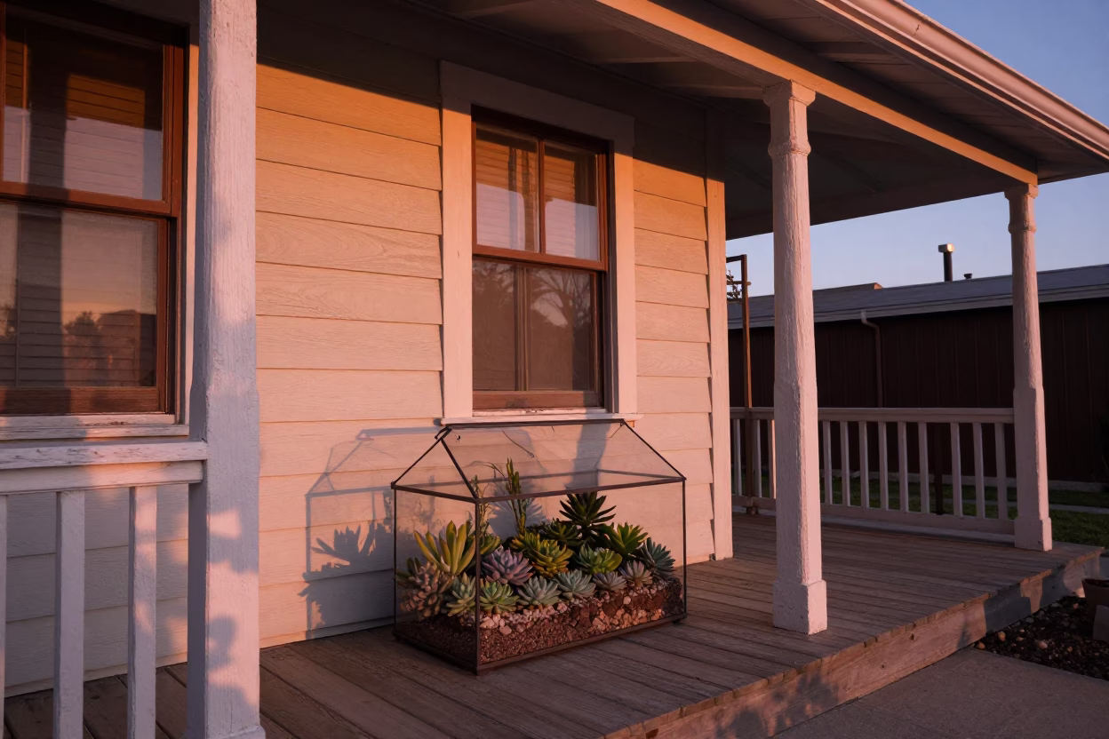 Los Angeles Bungalow Porch with Glass Terrarium and Succulents in Copper Dusk Light in in Los Angeles, California, United States