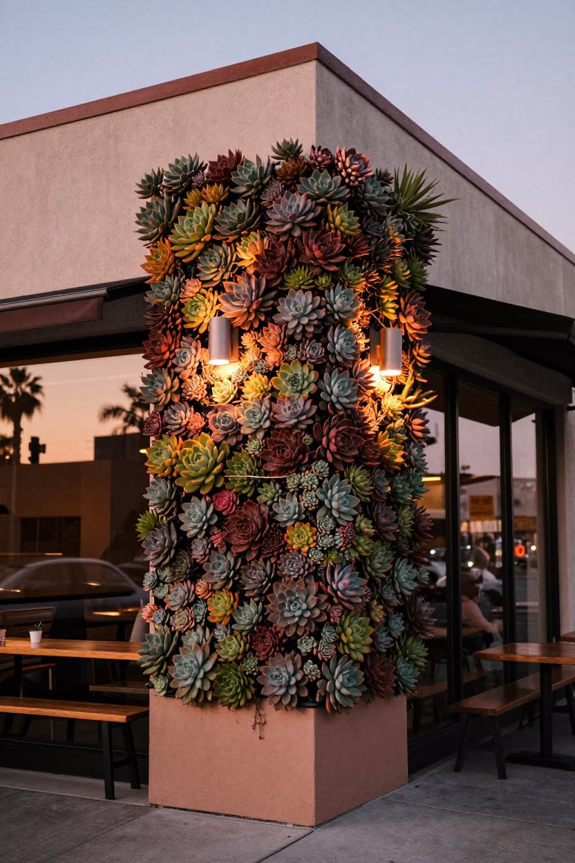 Los Angeles Cafe Exterior Living Succulent Wall Copper Dusk Light in in Los Angeles, California, United States
