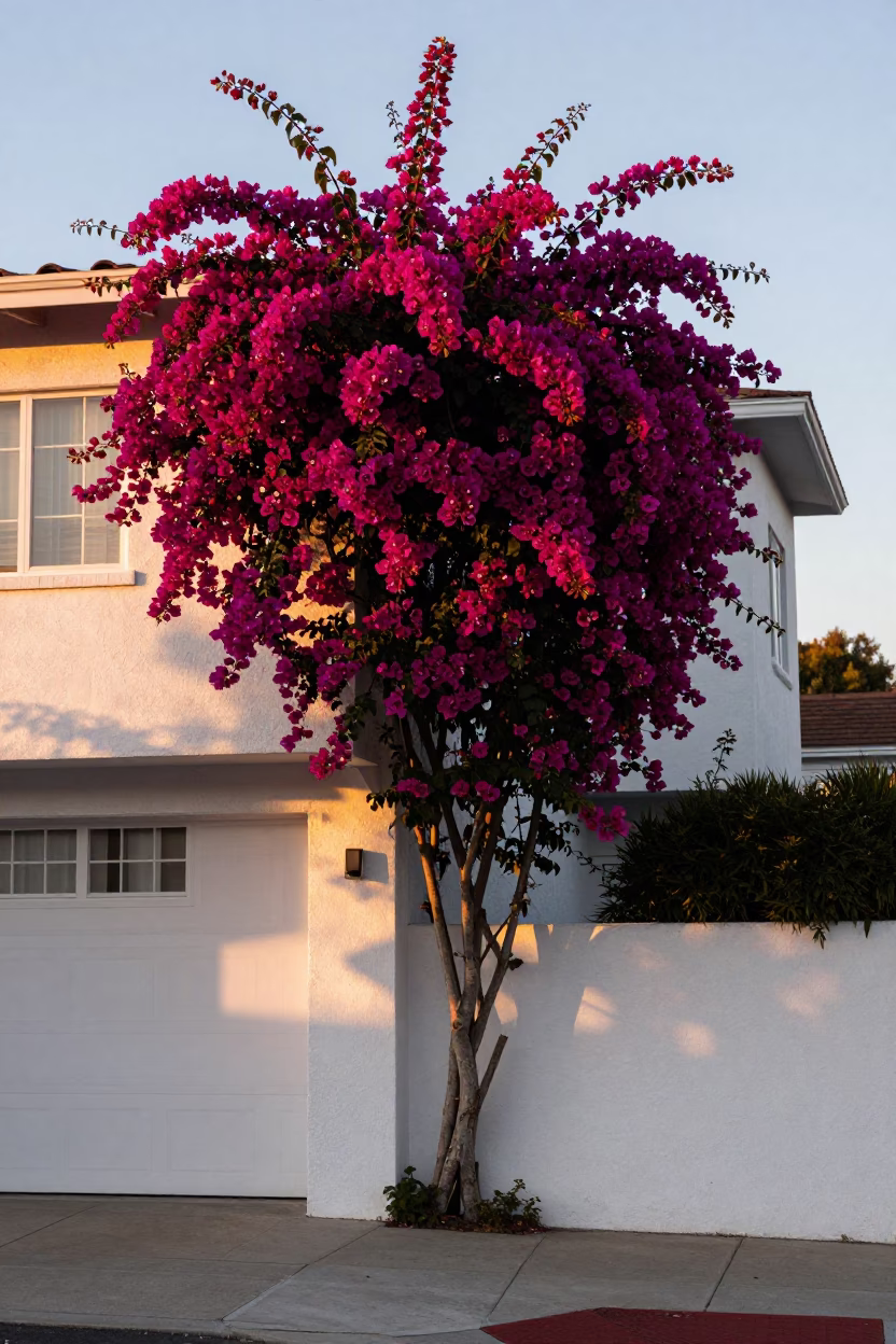 Los Angeles California Dawn Light with Bougainvillea Cascade Over White Wall in in Los Angeles, California, United States