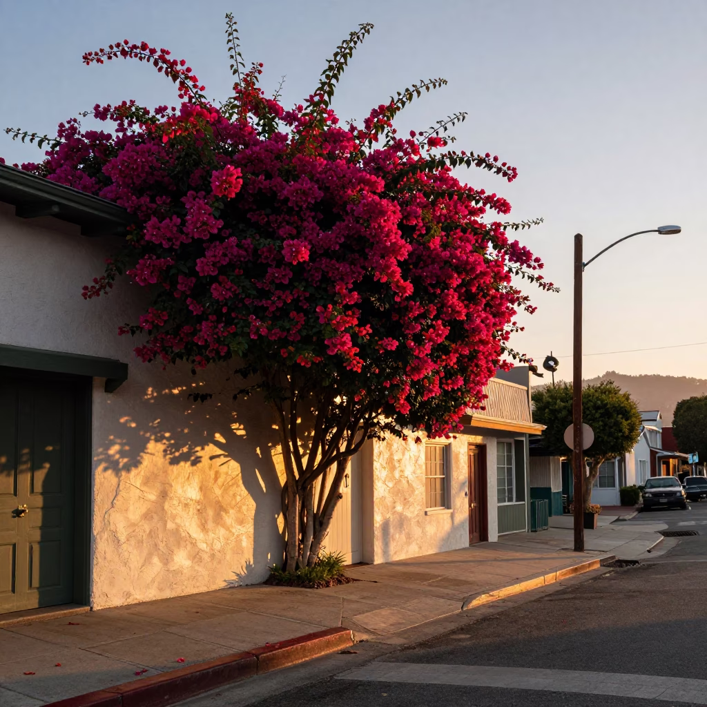 Los Angeles California Dawn Street Scene with Bougainvillea and Vintage Architecture in in Los Angeles, California, United States