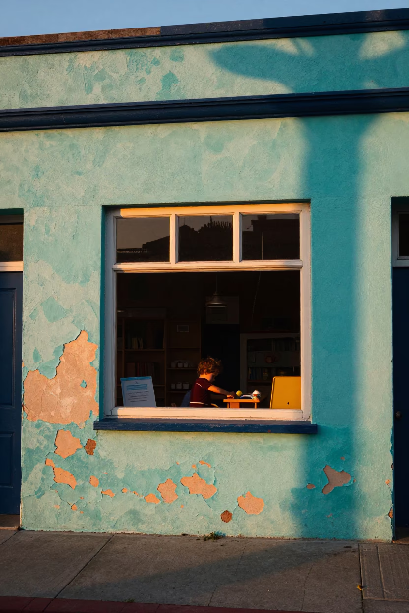 Los Angeles California Evening Light Peeling Turquoise Paint and Preschool Window Art in in Los Angeles, California, United States