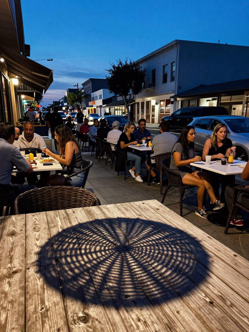 Los Angeles California Evening Street Scene with Wicker Shadows and Tabletop Scratches in in Los Angeles, California, United States