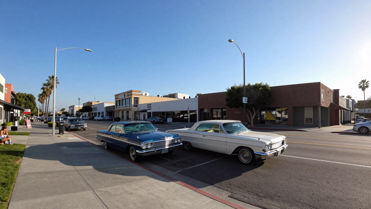 Los Angeles California late afternoon street scene with vintage cars and palm trees in in Los Angeles, California, United States