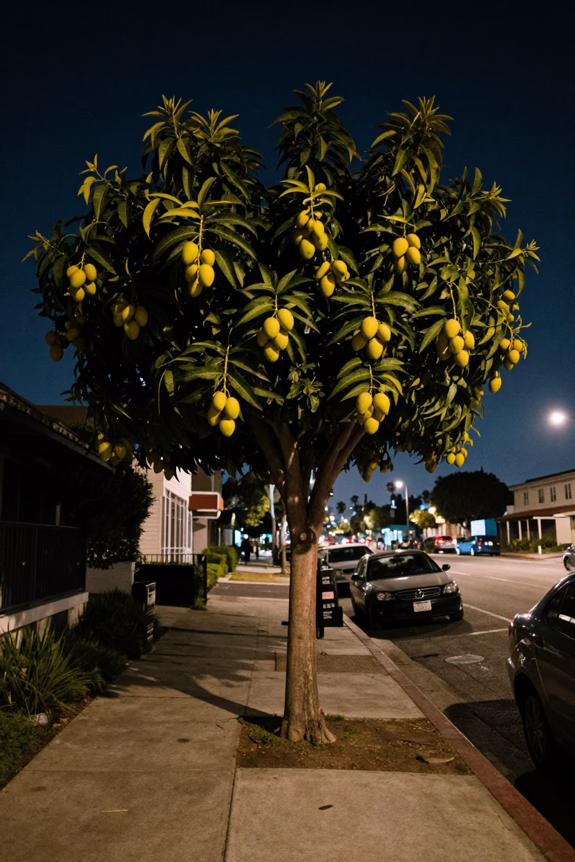 Los Angeles California night street scene with mango tree laden with yellow fruit in in Los Angeles, California, United States
