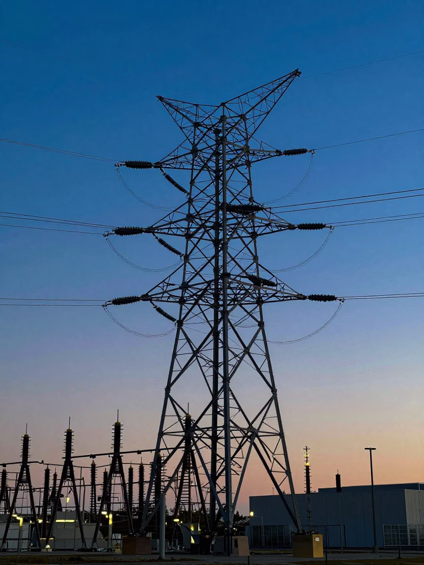 Los Angeles California Twilight Power Substation Lattice Against Cobalt Sky in in Los Angeles, California, United States