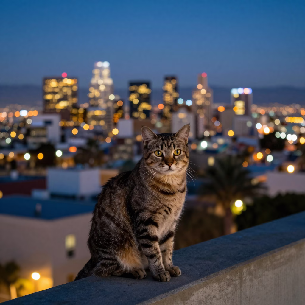 Los Angeles City Lights Glow at Dusk with American Curl Cat on Balcony in in Los Angeles, California, United States