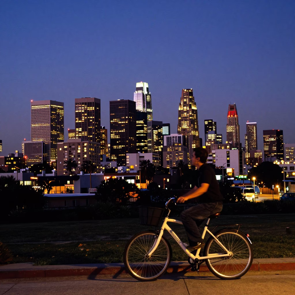 Los Angeles City Lights Glow at Dusk with Bicycle and Street Scene in in Los Angeles, California, United States