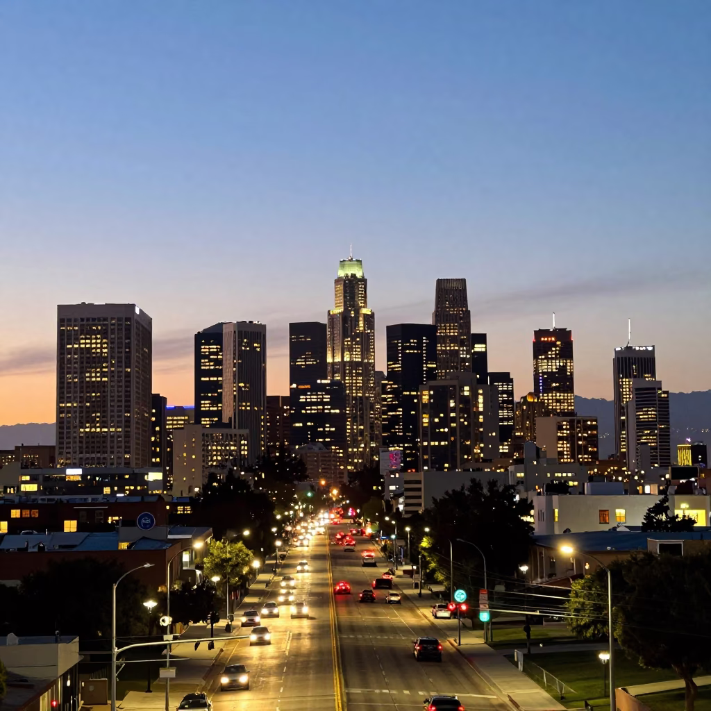 Los Angeles City Lights Glow Over Downtown Skyline at Dusk in in Los Angeles, California, United States