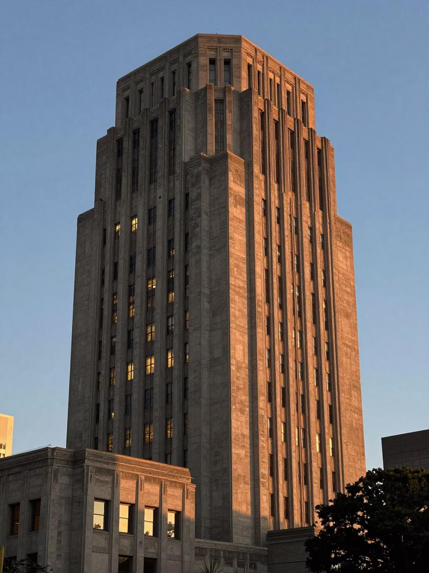 Los Angeles City Lights Glowing Over Brutalist Concrete University Tower at Dusk in in Los Angeles, California, United States