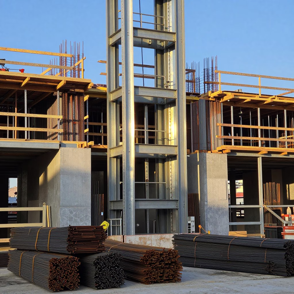 Los Angeles Construction Site Afternoon Rebar Bundles and Elevator Gate in in Los Angeles, California, United States