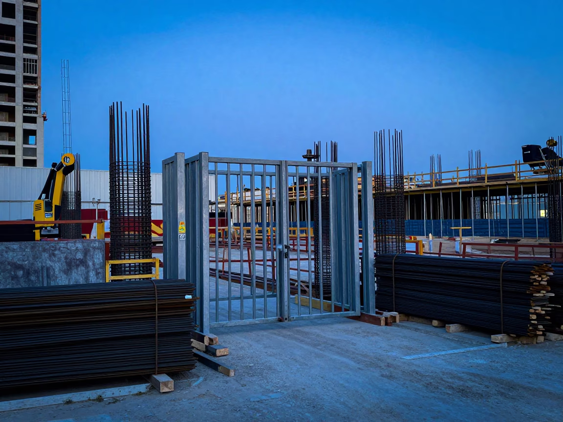 Los Angeles Construction Site at Dawn with Rebar Bundles and Elevator Gate in in Los Angeles, California, United States
