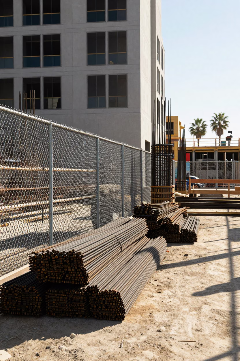 Los Angeles Construction Site Early Afternoon Rebar Bundles and Elevator Gate View in in Los Angeles, California, United States