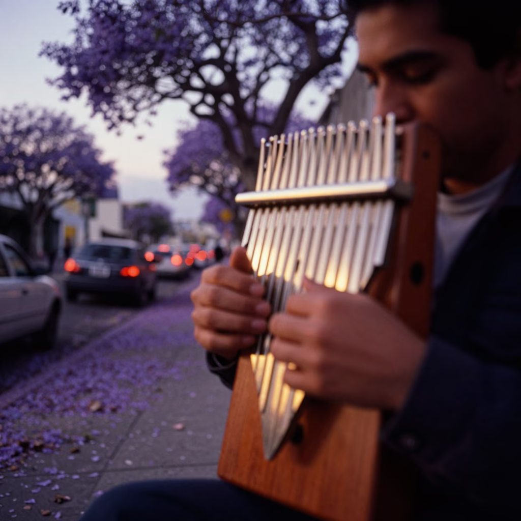 Los Angeles Copper Dusk Street Scene with Jacaranda Tree and Kalimba Player in in Los Angeles, California, United States
