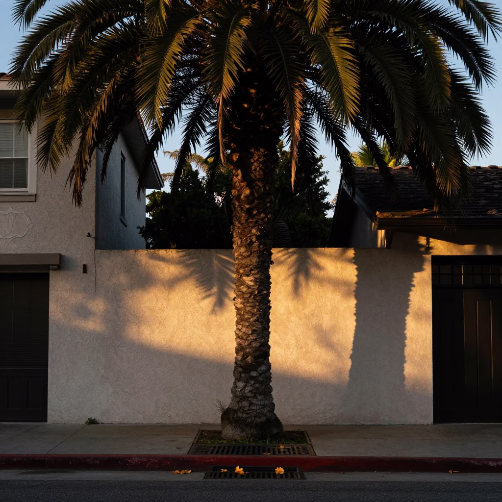 Los Angeles Dawn Street Scene with Storm Drain and Leaf Shadows in in Los Angeles, California, United States