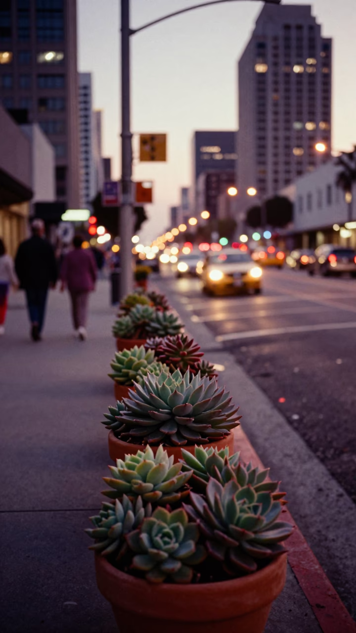 Los Angeles Dusk Street Scene with Succulents and Urban Activity in in Los Angeles, California, United States