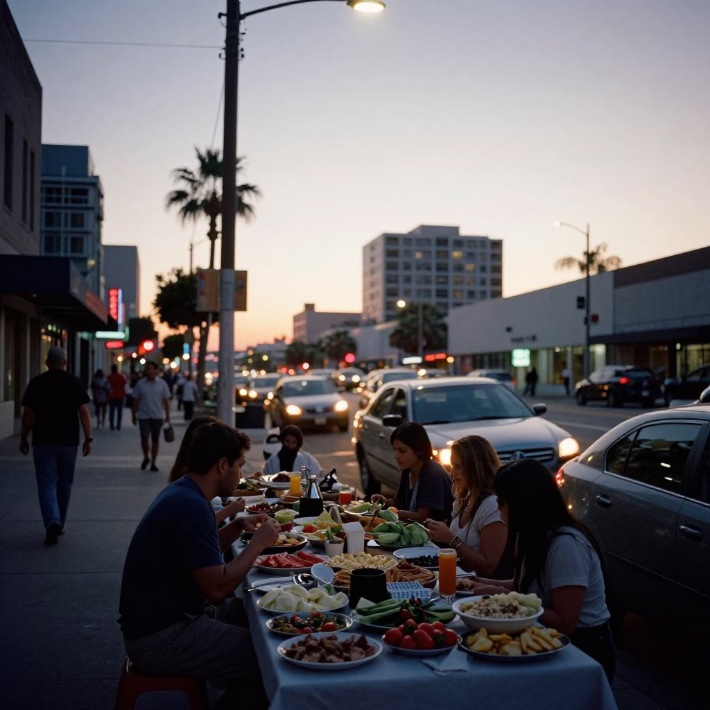 Los Angeles Early Evening Street Scene with Mezze Spread on Copper Tray and Pears in in Los Angeles, California, United States