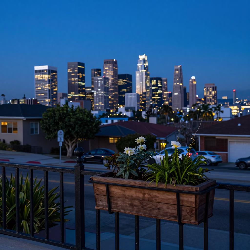 Los Angeles Evening Blue Hour Window Box with City Skyline View in in Los Angeles, California, United States