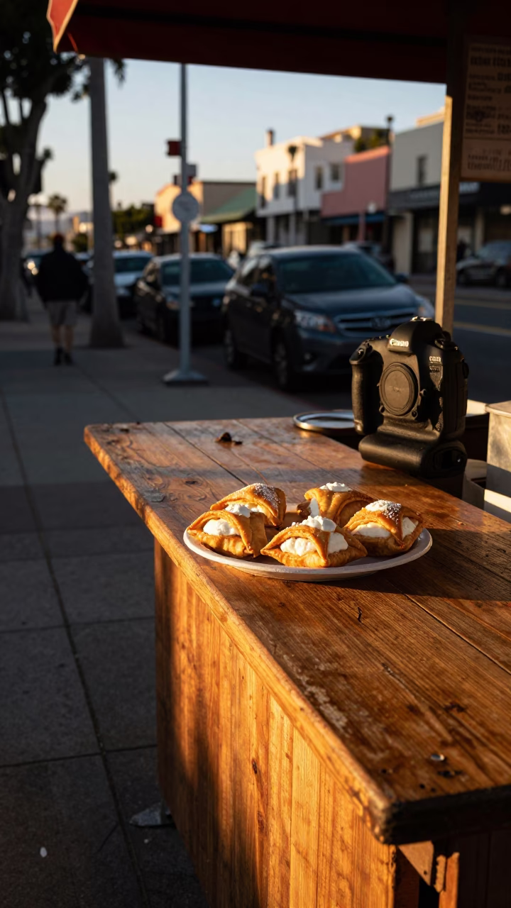 Los Angeles Evening Light Illuminates Street Vendor Table with Italian Pastries and Urban Details in in Los Angeles, California, United States