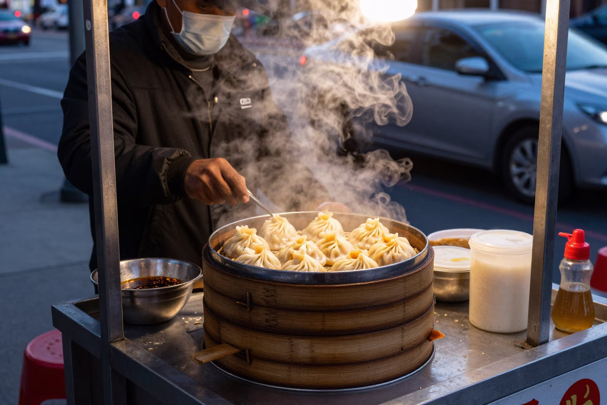 Los Angeles Evening Street Food Scene with Xiaolongbao and Vinegar Dip in Honeyed Light in in Los Angeles, California, United States