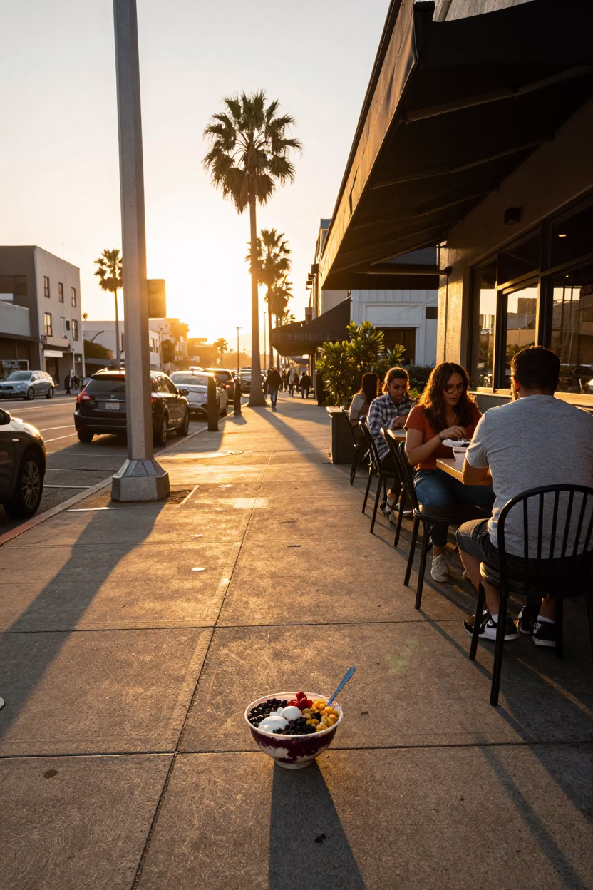 Los Angeles Evening Street Scene with Acai Bowl and Iron Hook Detail in in Los Angeles, California, United States