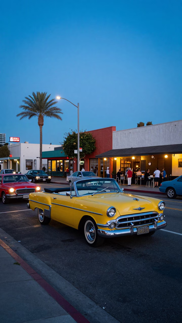 Los Angeles Evening Street Scene with Colorful Vintage Cars and Pedestrians Under Blue Light in in Los Angeles, California, United States