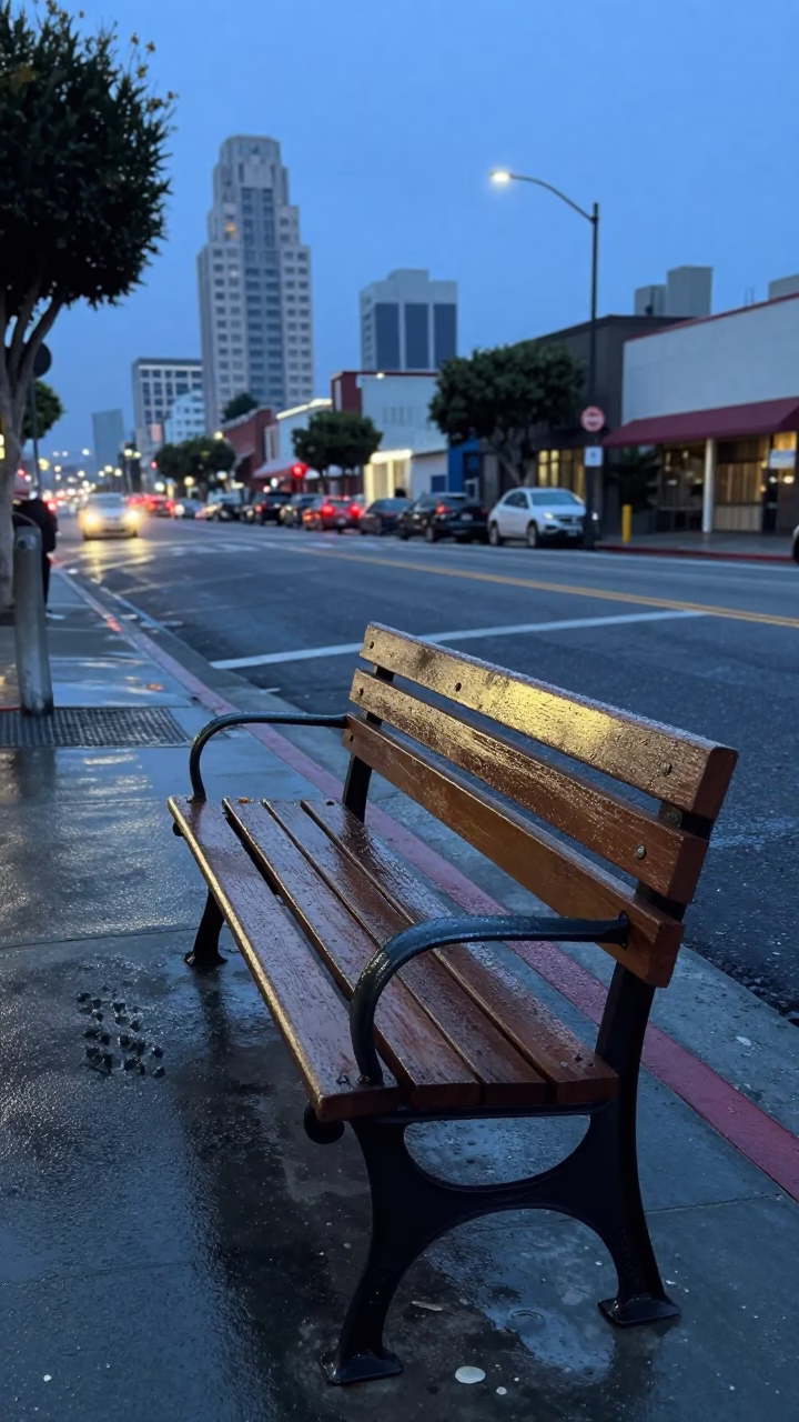 Los Angeles Evening Street Scene with Condensation on Bench and Urban Details in in Los Angeles, California, United States