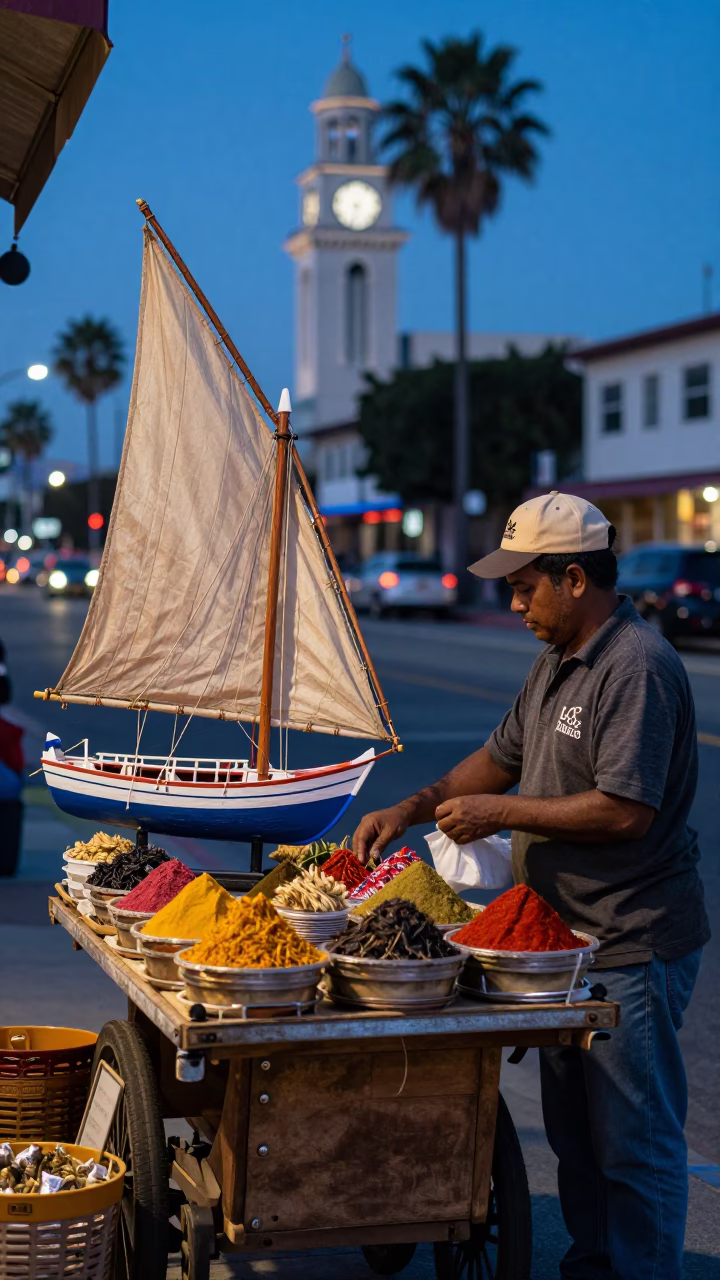 Los Angeles evening street scene with dhow model and spice jar in in Los Angeles, California, United States