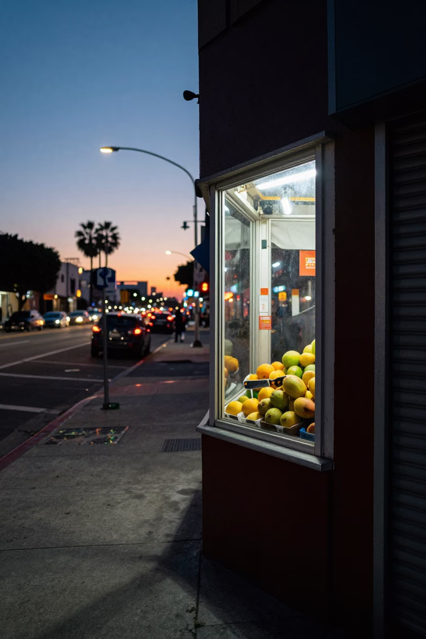 Los Angeles Evening Street Scene with Fruit Knife and Grease Sheen on Drawer Pull in in Los Angeles, California, United States