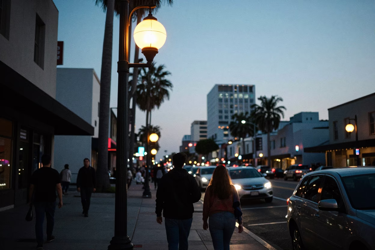 Los Angeles Evening Street Scene with Lantern and Urban Elements in in Los Angeles, California, United States