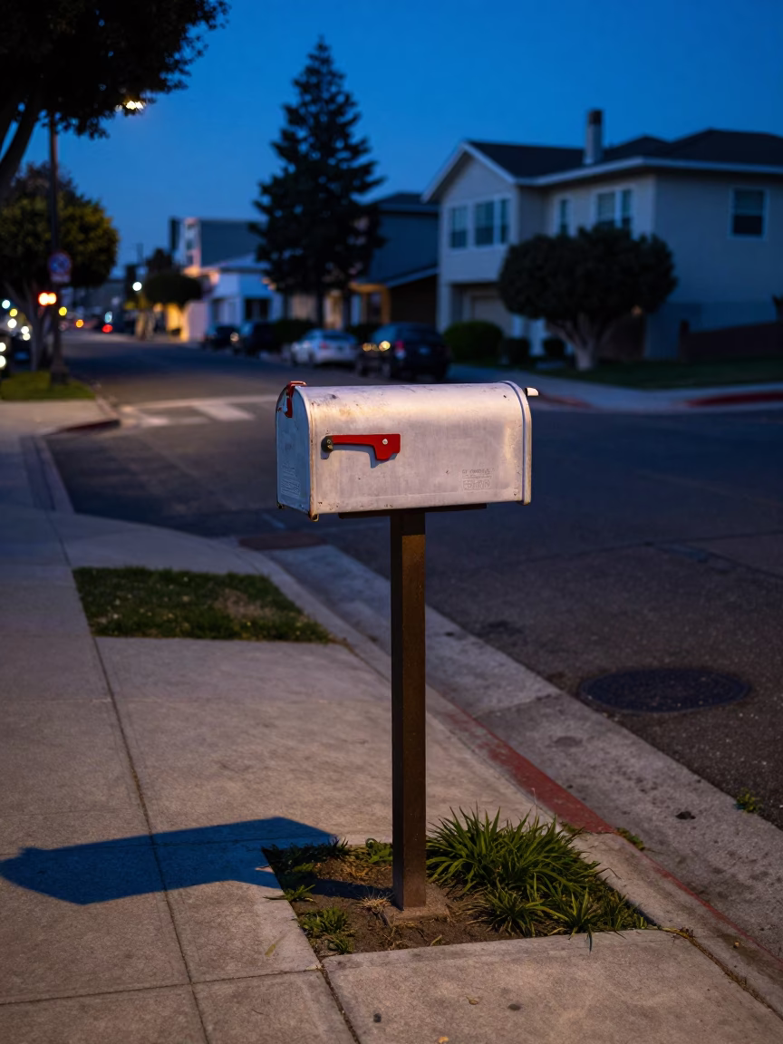 Los Angeles Evening Street Scene with Mailbox and Garden Shears in Last Blue Light in in Los Angeles, California, United States