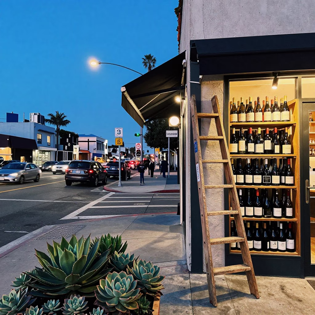 Los Angeles Evening Street Scene with Succulents and Wine Shop Details in in Los Angeles, California, United States