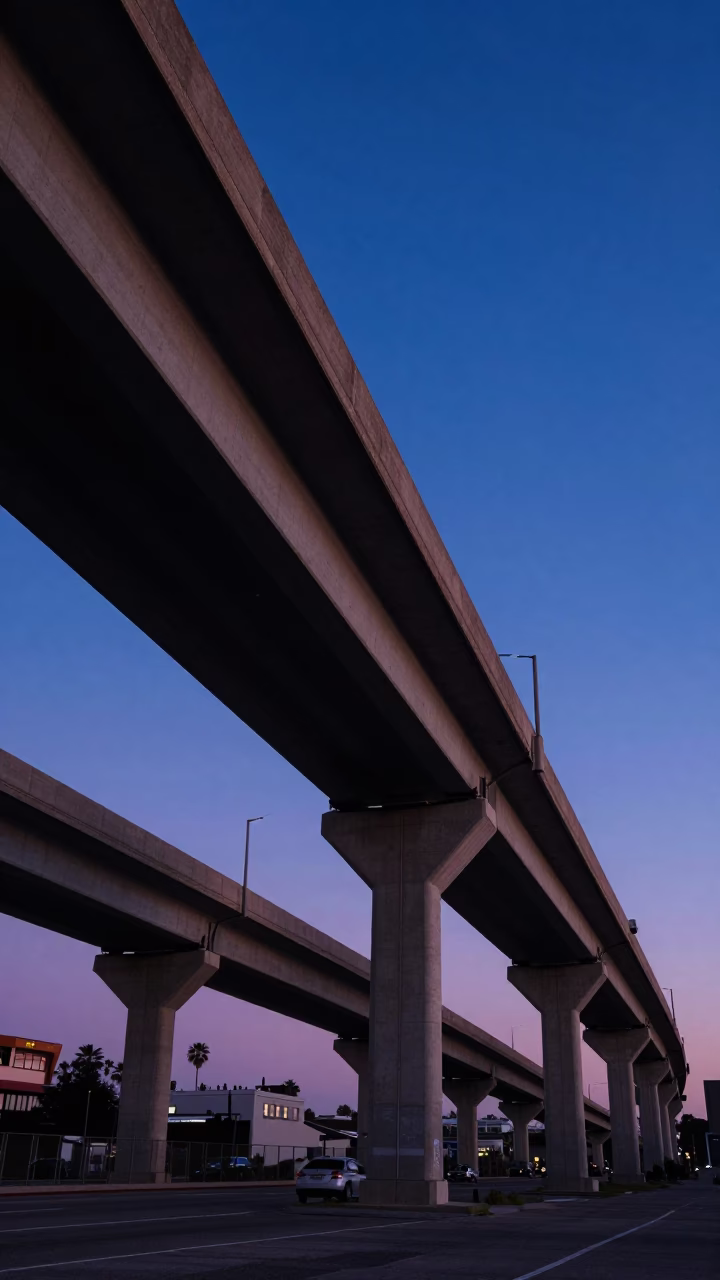 Los Angeles Flyover Stack at Indigo Twilight After Sunset in in Los Angeles, California, United States