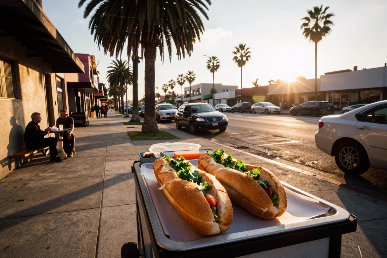 Los Angeles Golden Hour Street Scene with Persimmons and Banh Mi in in Los Angeles, California, United States