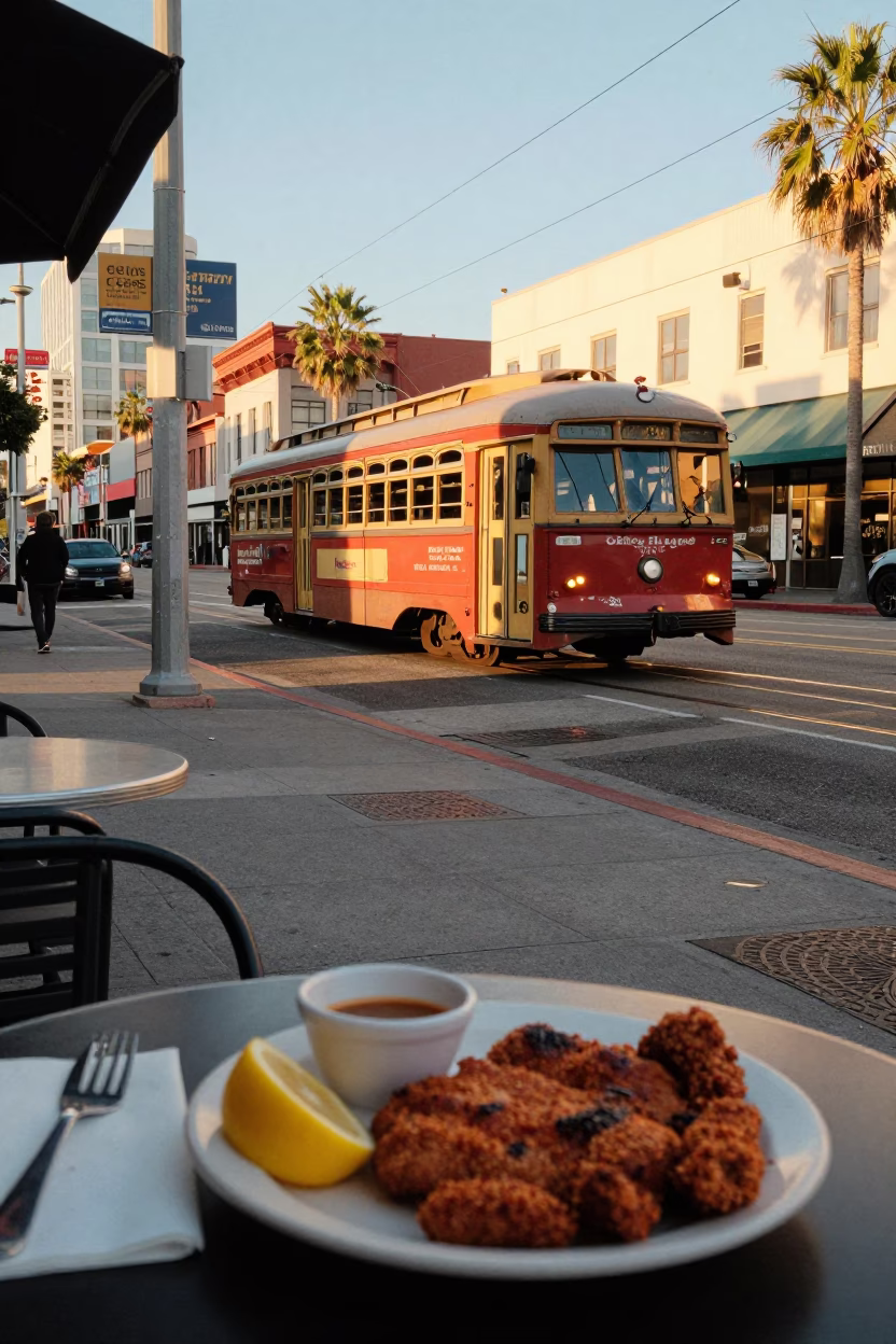 Los Angeles Golden Hour Street Scene with Tramcar and Local Commerce in in Los Angeles, California, United States