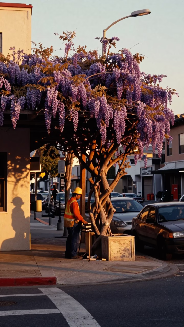 Los Angeles Golden Hour Street Scene with Wisteria Pergola and Construction Worker in in Los Angeles, California, United States