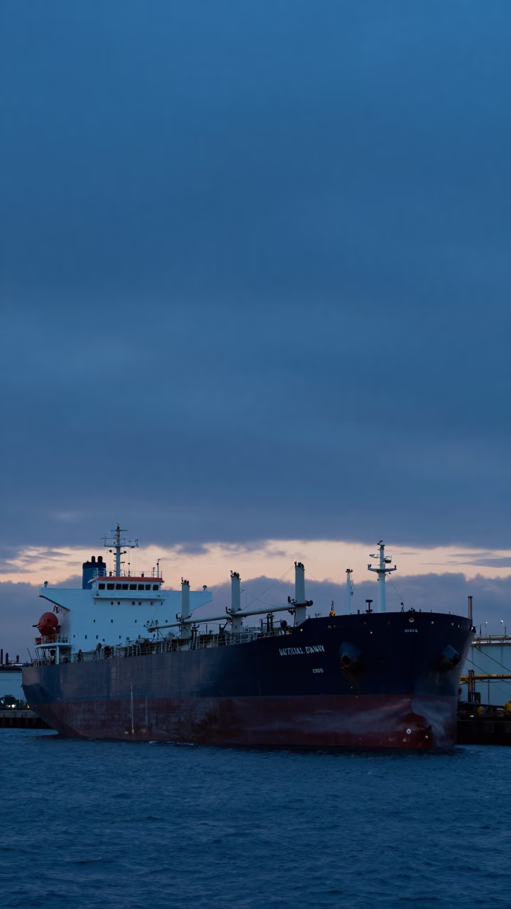 Los Angeles Harbor Refinery Tanker Ship Docked at Nautical Dawn in California in in Los Angeles, California, United States
