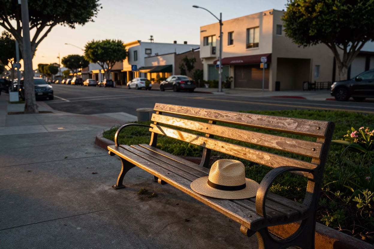 Los Angeles Honeyed Evening Light Street Scene with Garden Benches and Straw Hat in in Los Angeles, California, United States