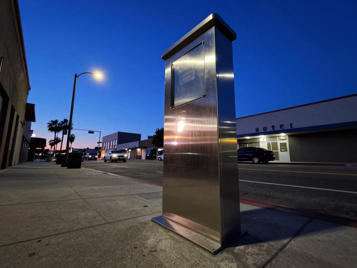 Los Angeles Hotel Valet Stand Reflecting Headlight Streaks in Indigo Twilight in in Los Angeles, California, United States
