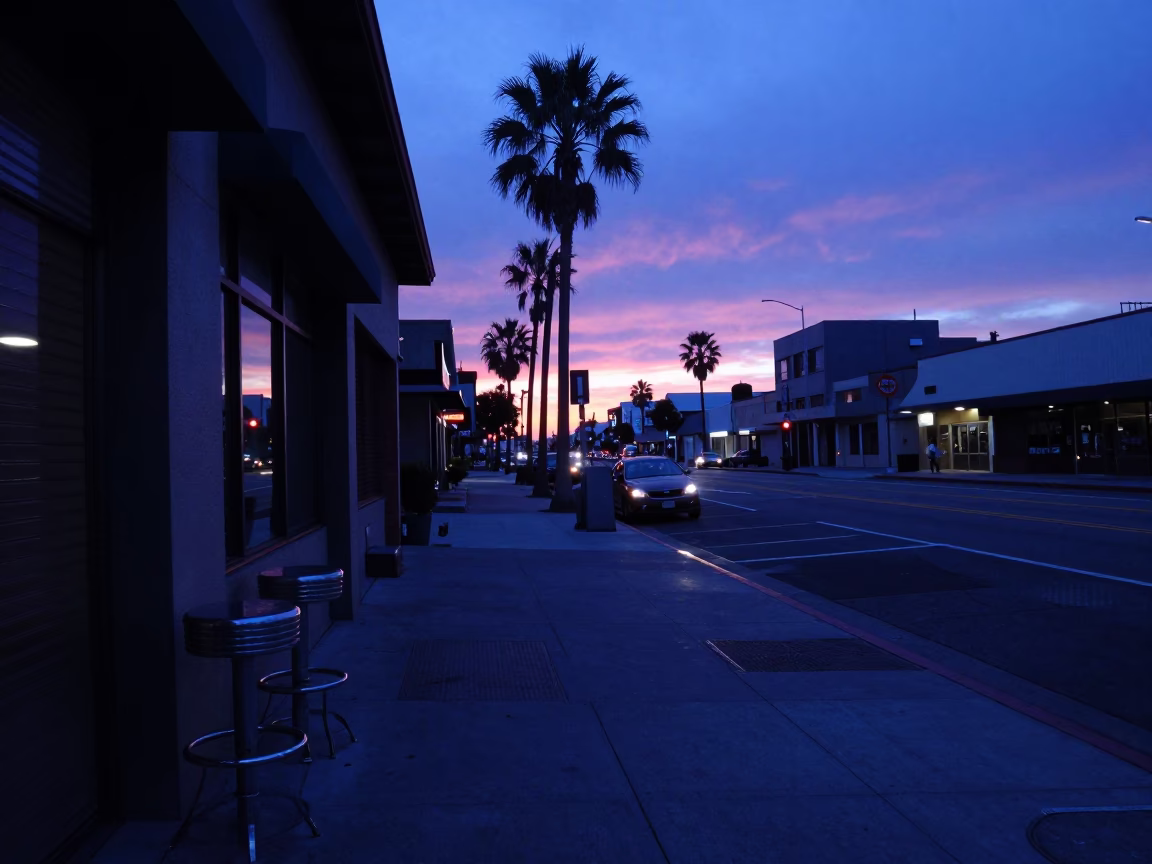 Los Angeles Indigo Twilight Street Scene with Bar Stools and Oranges in in Los Angeles, California, United States