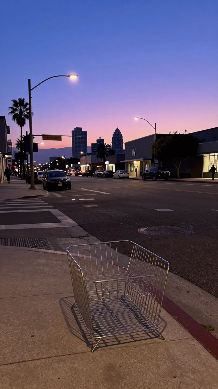 Los Angeles indigo twilight street scene with dish rack and floor lamp on sidewalk in in Los Angeles, California, United States
