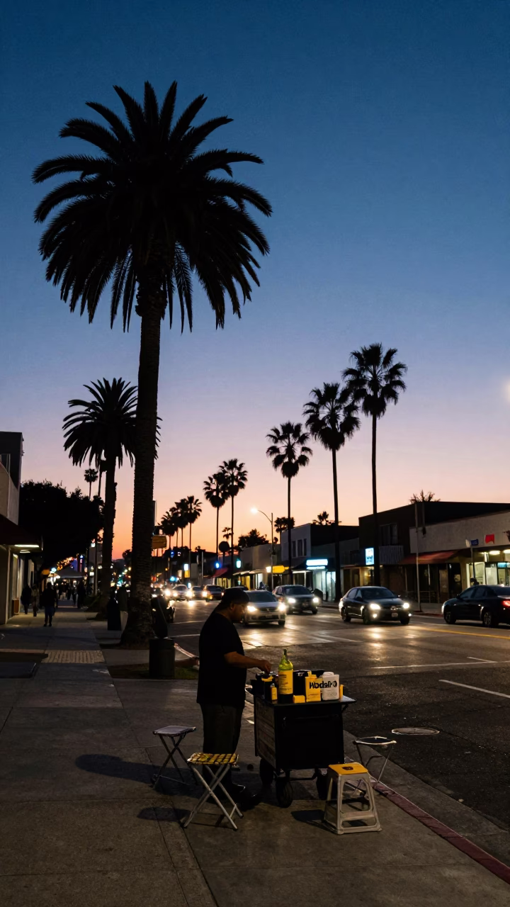Los Angeles indigo twilight street scene with folding stools and thermos on concrete sidewalk in in Los Angeles, California, United States