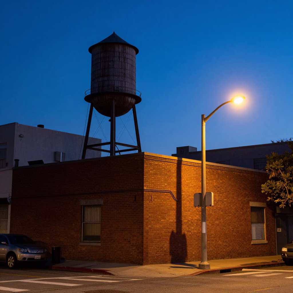 Los Angeles indigo twilight street scene with rooftop water tower and parked bicycle in in Los Angeles, California, United States