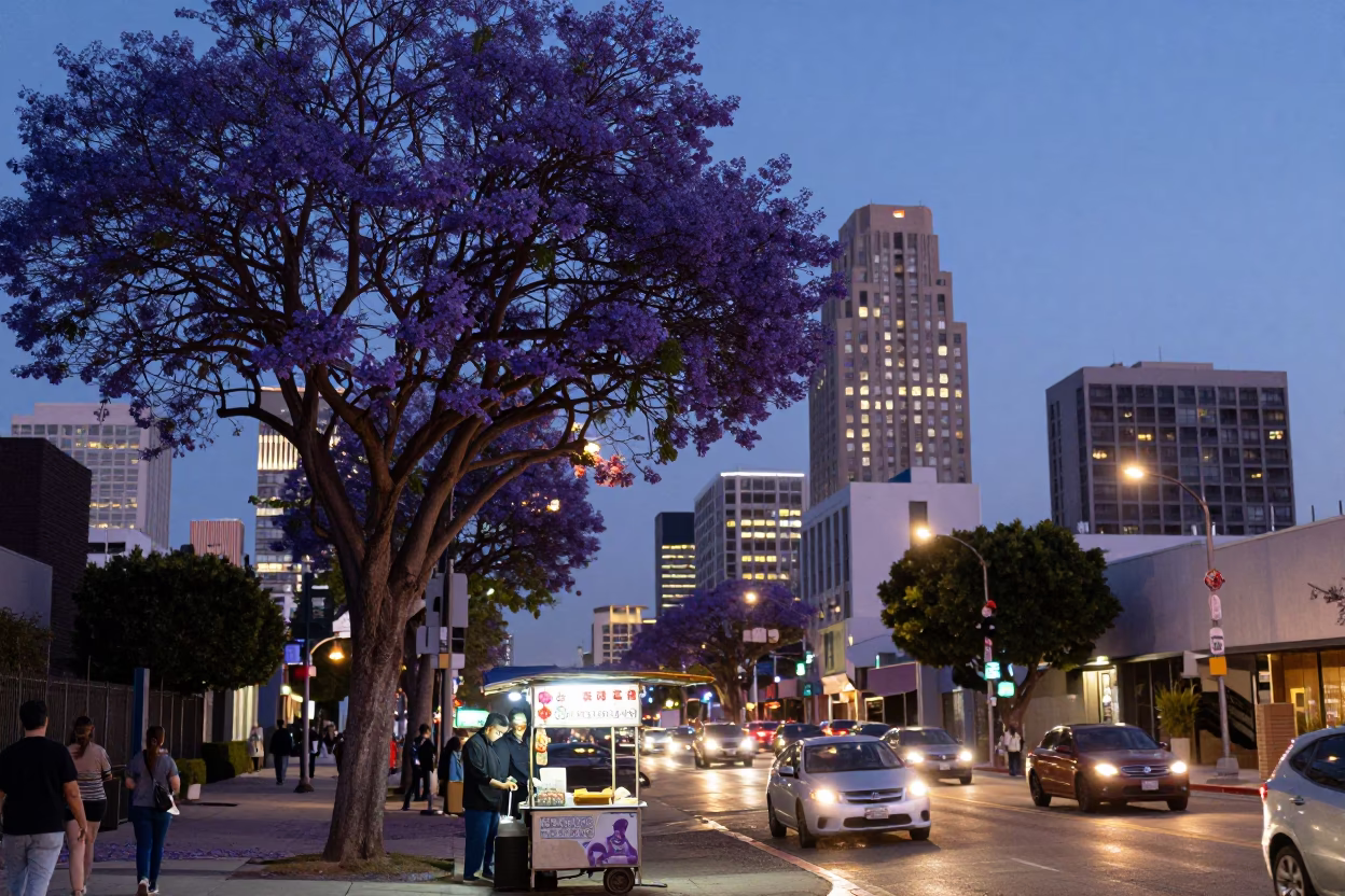 Los Angeles Jacaranda Bloom at Dusk with Street Food Vendor and Purple Flowers in in Los Angeles, California, United States